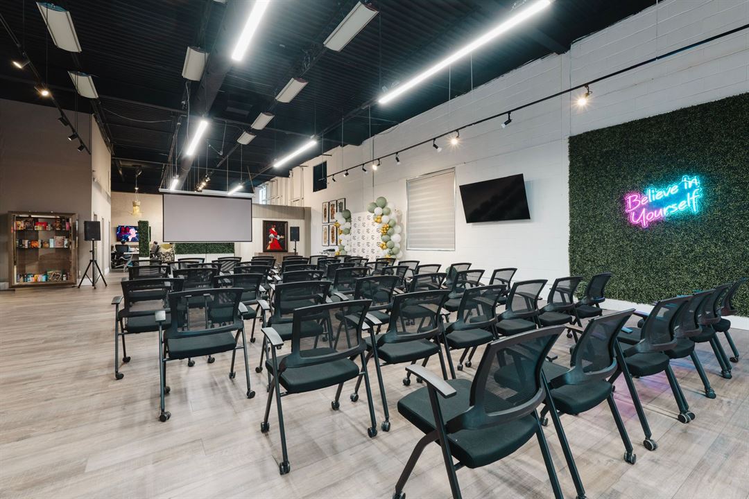 Finished event and meeting room with rows of chairs