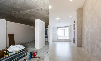 Interior space renovated with new walls and flooring