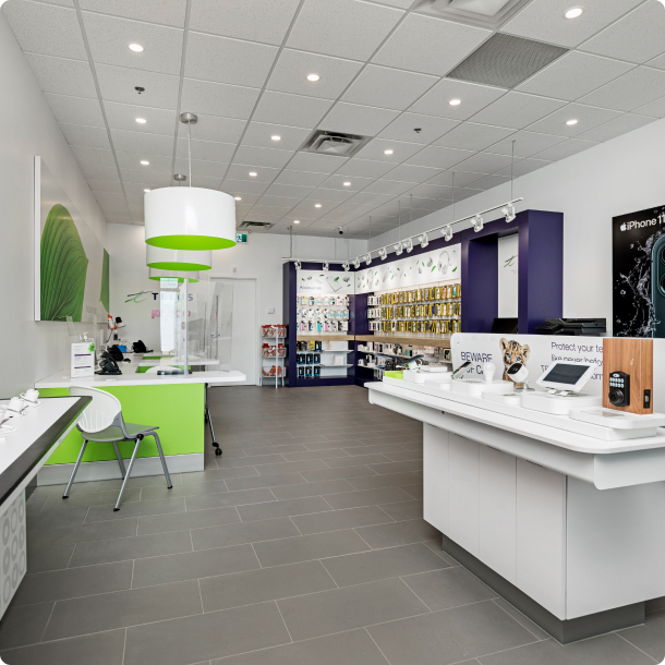 Finished retail store interior with built in shelving and lighting